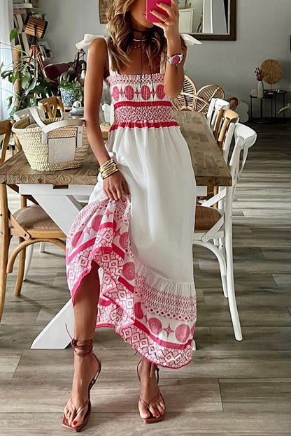 Smocked Square-Neck Bohemian Maxi Dress