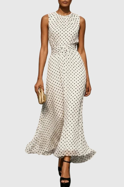 Polka Dot Sleeveless Maxi Dress with Flounce Hem