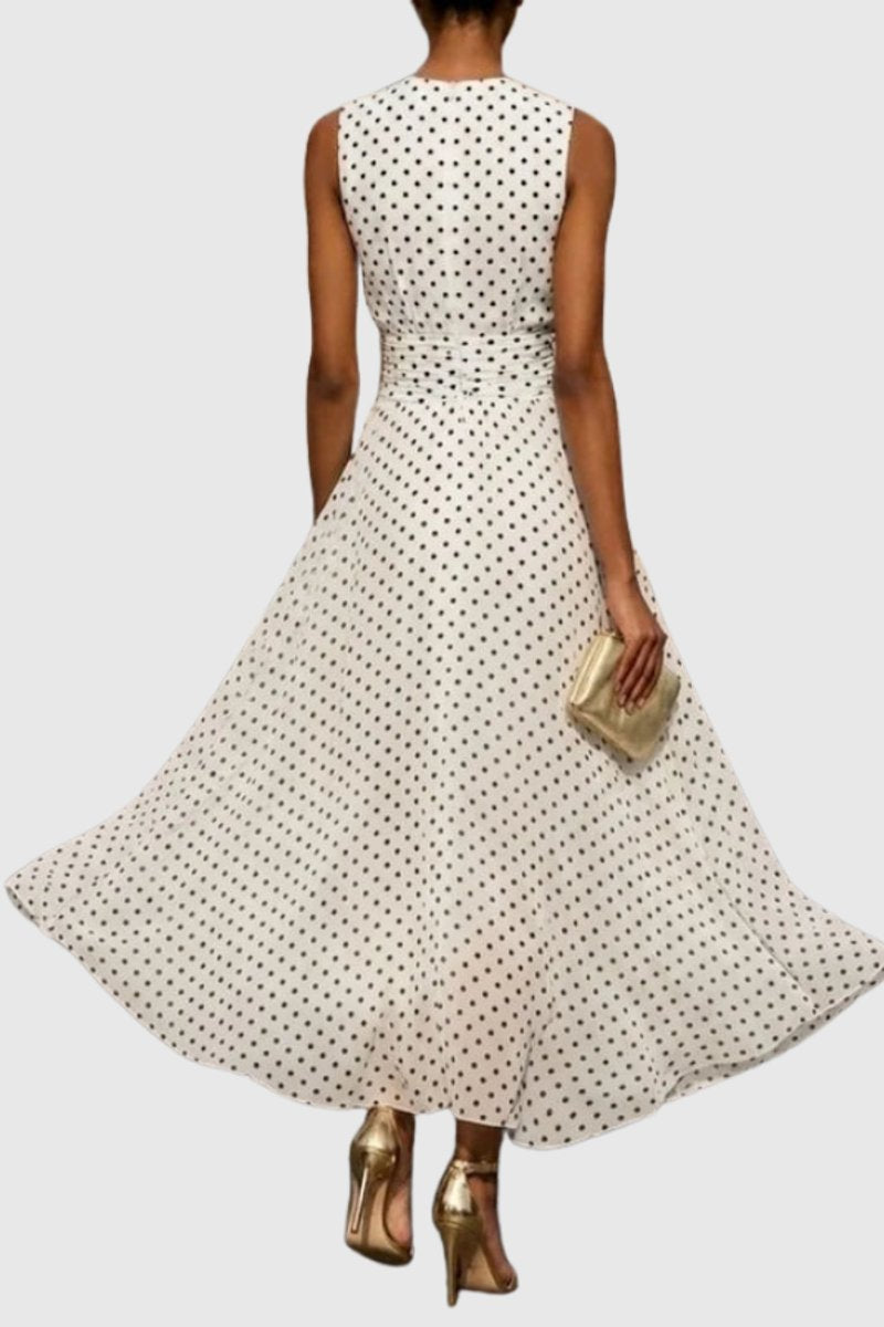 Polka Dot Sleeveless Maxi Dress with Flounce Hem