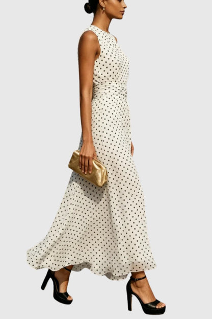 Polka Dot Sleeveless Maxi Dress with Flounce Hem