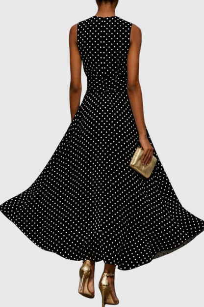 Polka Dot Sleeveless Maxi Dress with Flounce Hem