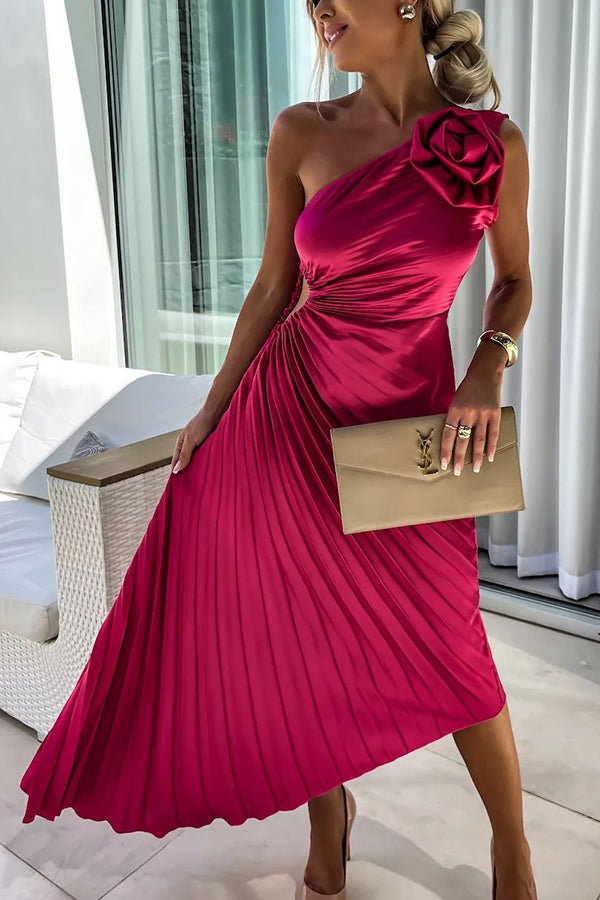 Asymmetrical Floral One-Shoulder Pleated Maxi Dress
