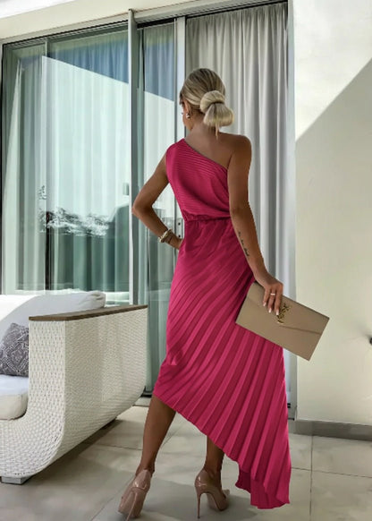 Asymmetrical Floral One-Shoulder Pleated Maxi Dress