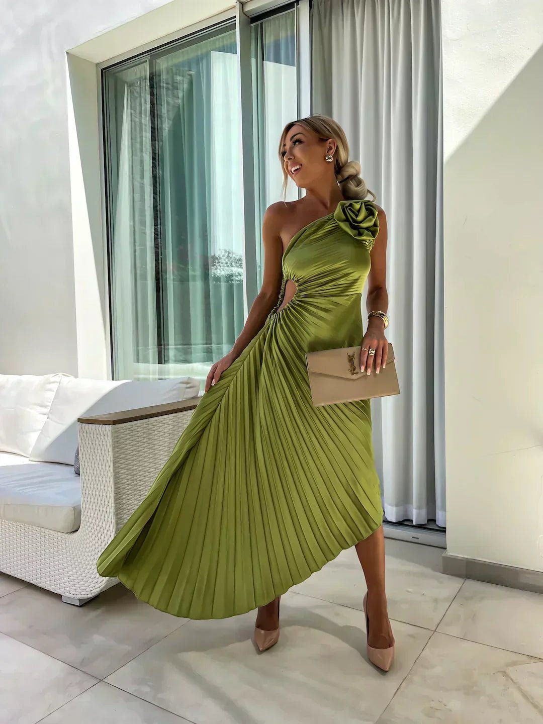 Asymmetrical Floral One-Shoulder Pleated Maxi Dress
