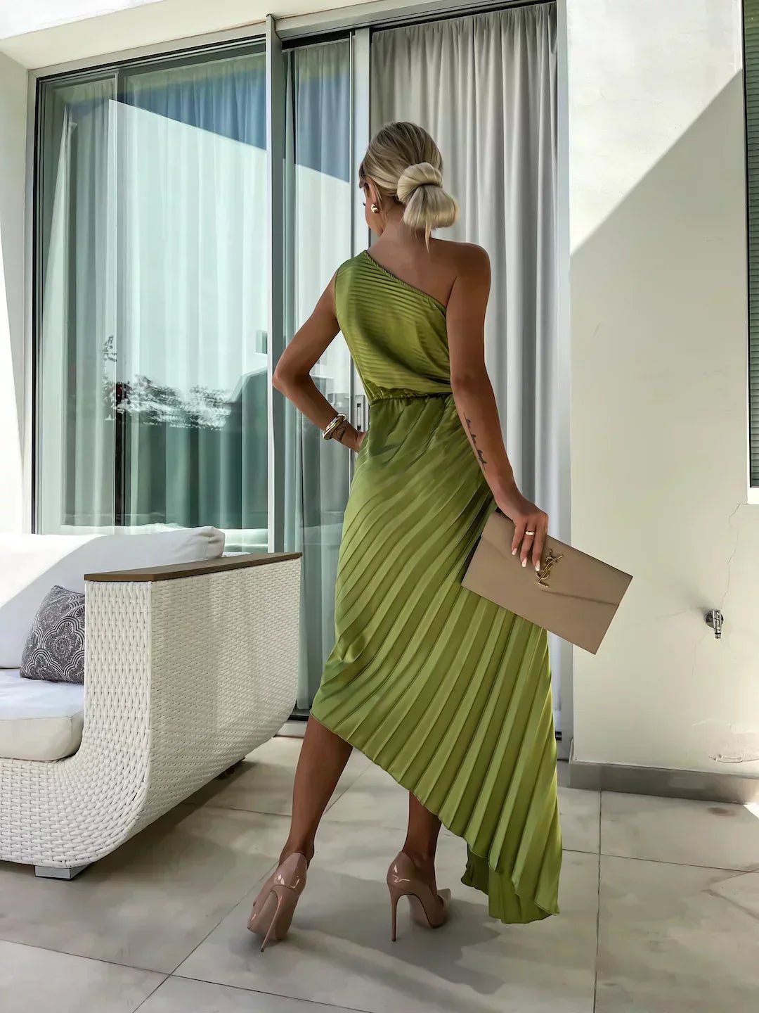 Asymmetrical Floral One-Shoulder Pleated Maxi Dress
