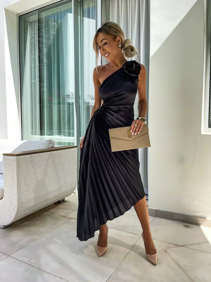 Asymmetrical Floral One-Shoulder Pleated Maxi Dress