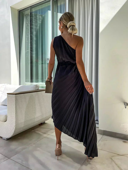 Asymmetrical Floral One-Shoulder Pleated Maxi Dress