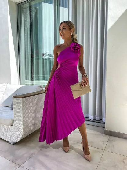 Asymmetrical Floral One-Shoulder Pleated Maxi Dress