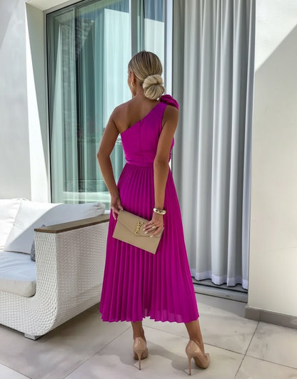 Asymmetrical Floral One-Shoulder Pleated Maxi Dress