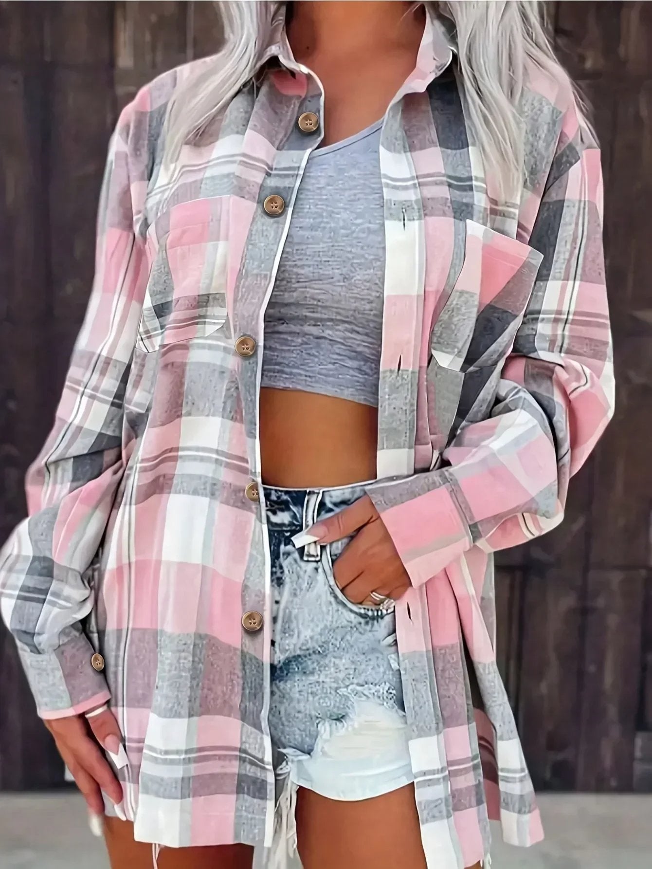 Slouchy Plaid Button-Up Flannel Shirt
