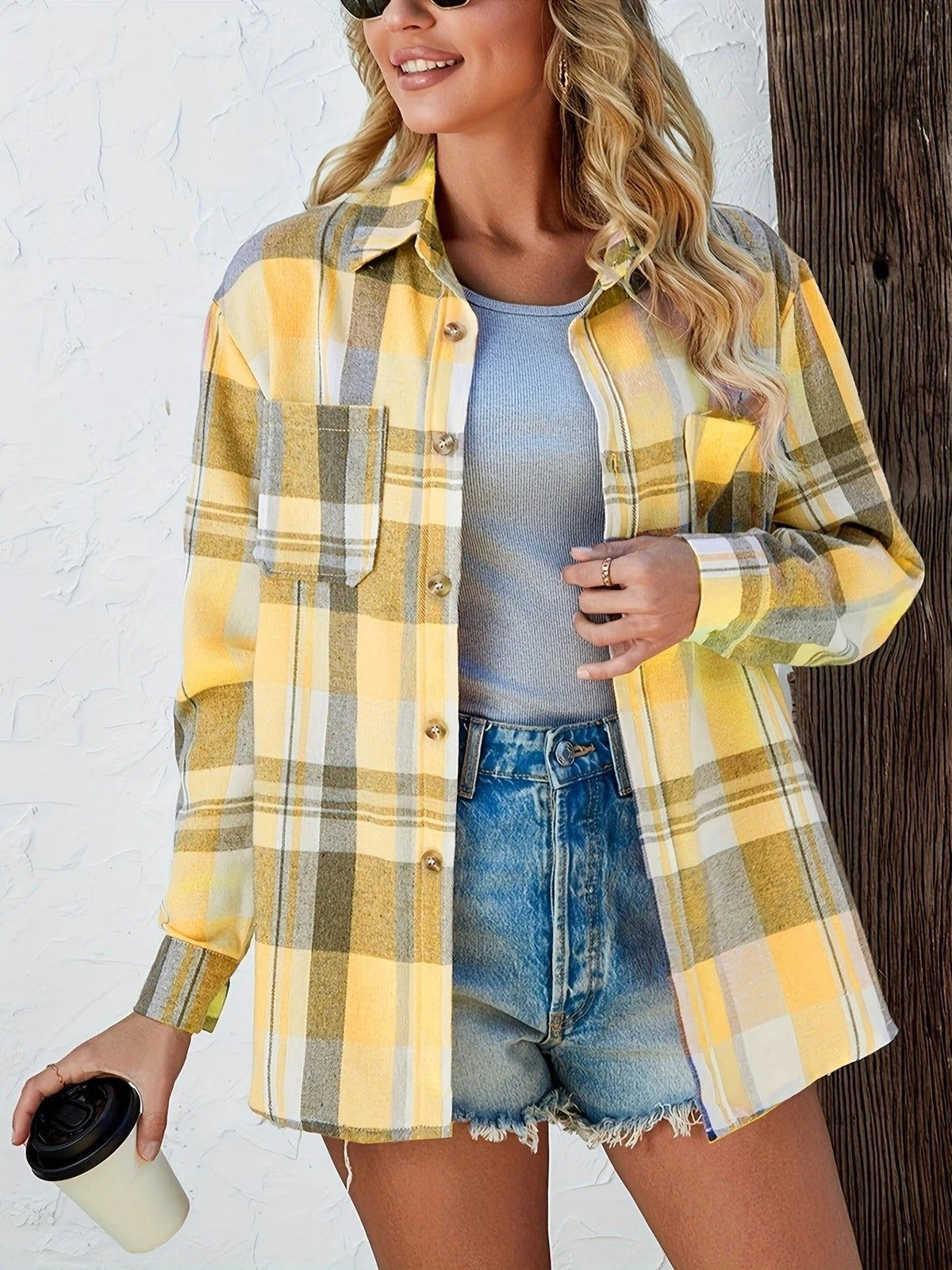 Slouchy Plaid Button-Up Flannel Shirt