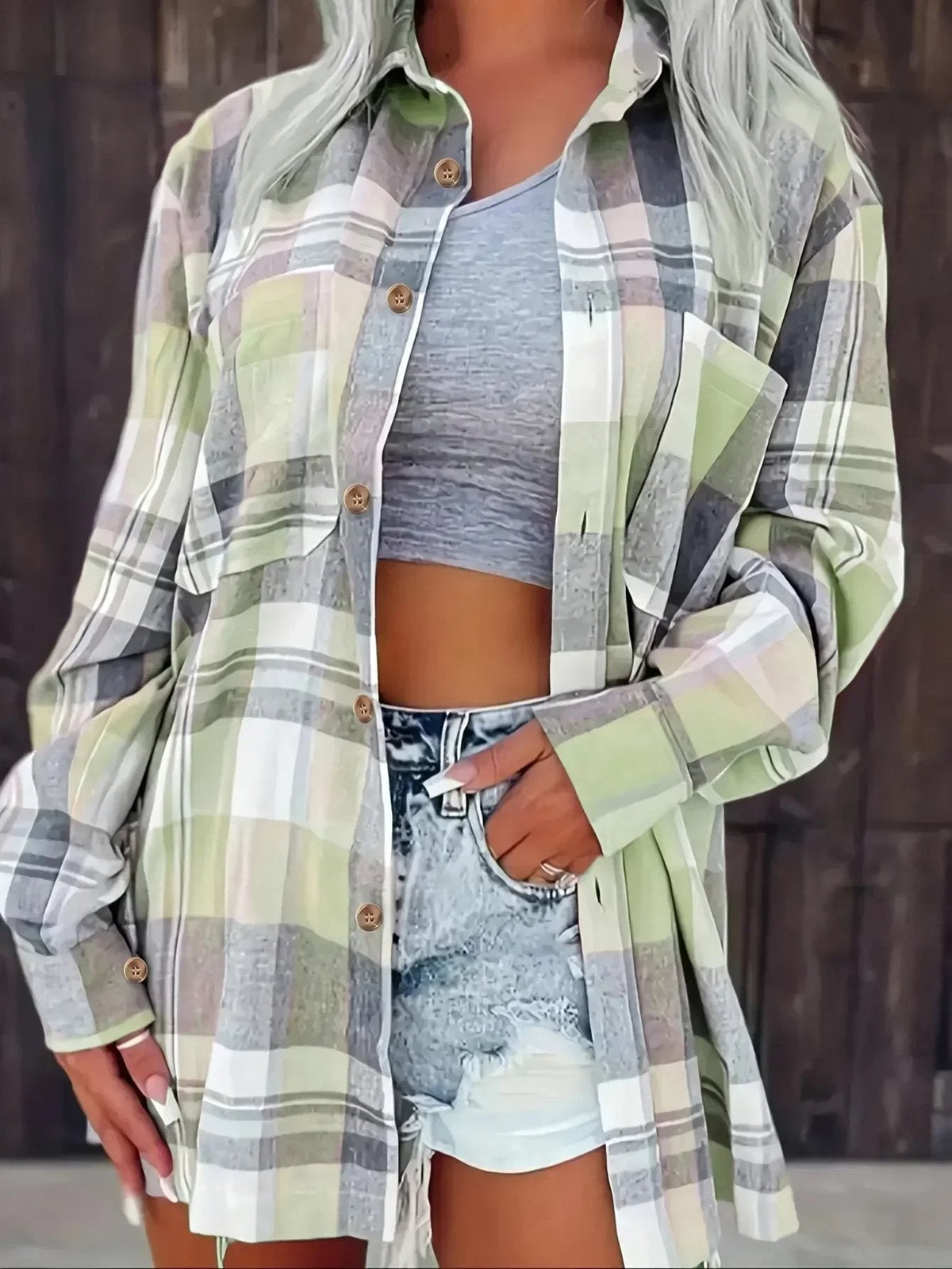 Slouchy Plaid Button-Up Flannel Shirt