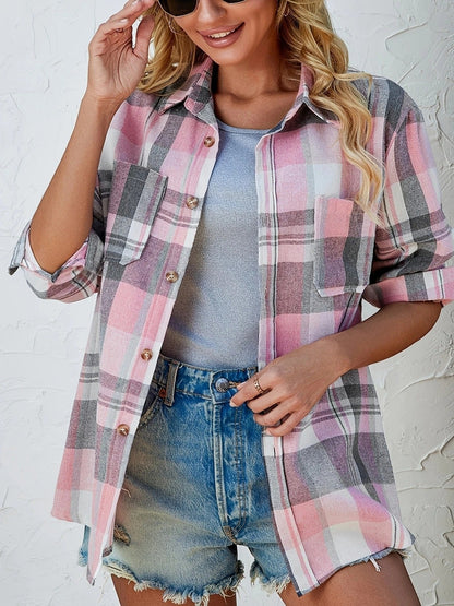 Slouchy Plaid Button-Up Flannel Shirt