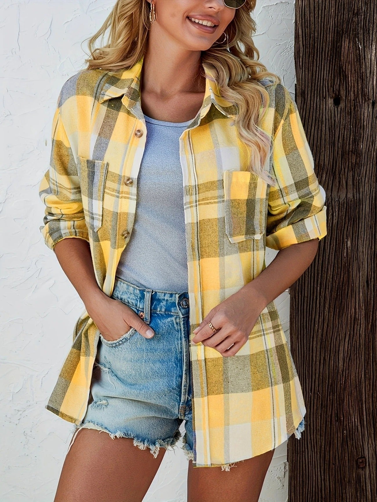 Slouchy Plaid Button-Up Flannel Shirt