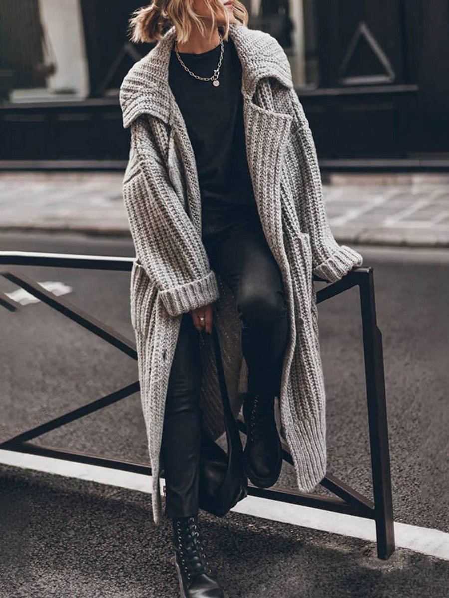 Longline Ribbed Chunky Knit Cardigan with Lapels