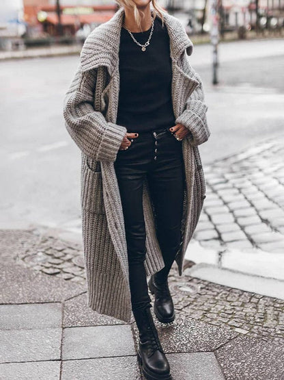 Longline Ribbed Chunky Knit Cardigan with Lapels