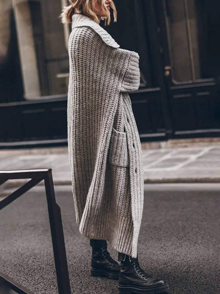 Longline Ribbed Chunky Knit Cardigan with Lapels