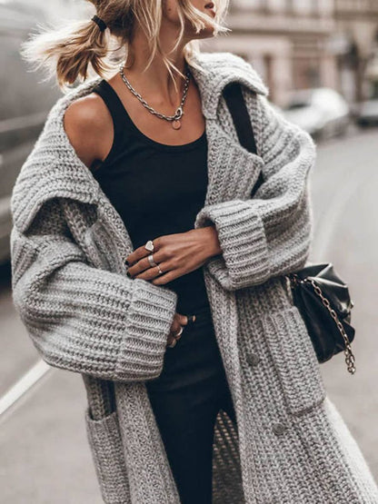 Longline Ribbed Chunky Knit Cardigan with Lapels