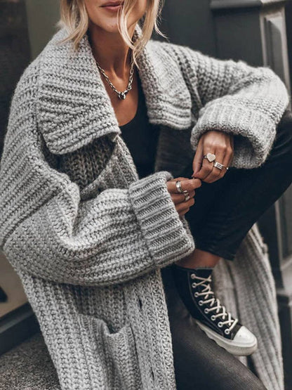 Longline Ribbed Chunky Knit Cardigan with Lapels