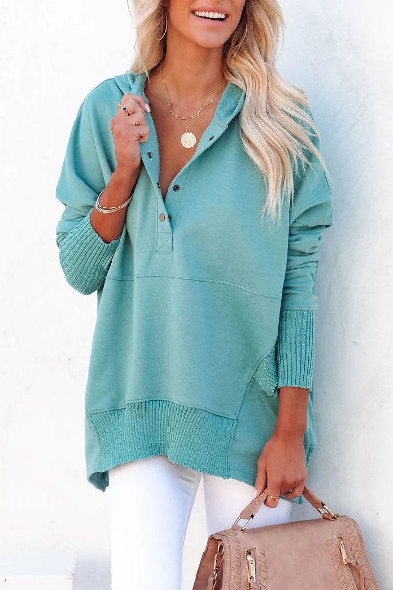 Relaxed Button-Neck Hooded Tunic Top