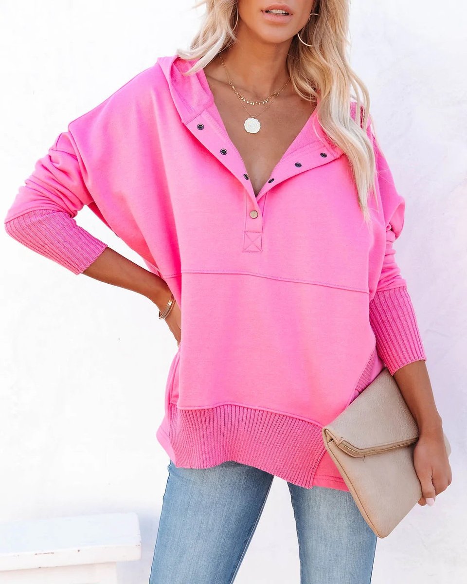 Relaxed Button-Neck Hooded Tunic Top