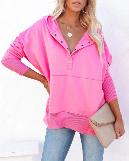 Relaxed Button-Neck Hooded Tunic Top