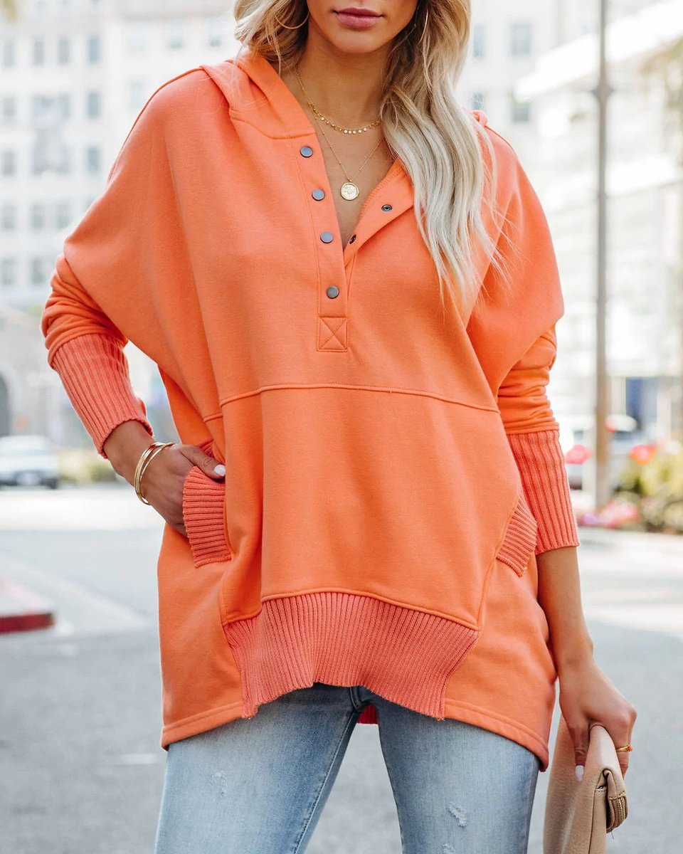 Relaxed Button-Neck Hooded Tunic Top