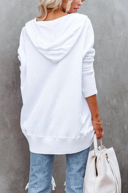 Relaxed Button-Neck Hooded Tunic Top
