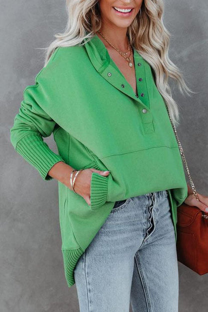 Relaxed Button-Neck Hooded Tunic Top