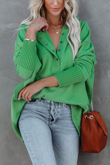 Relaxed Button-Neck Hooded Tunic Top