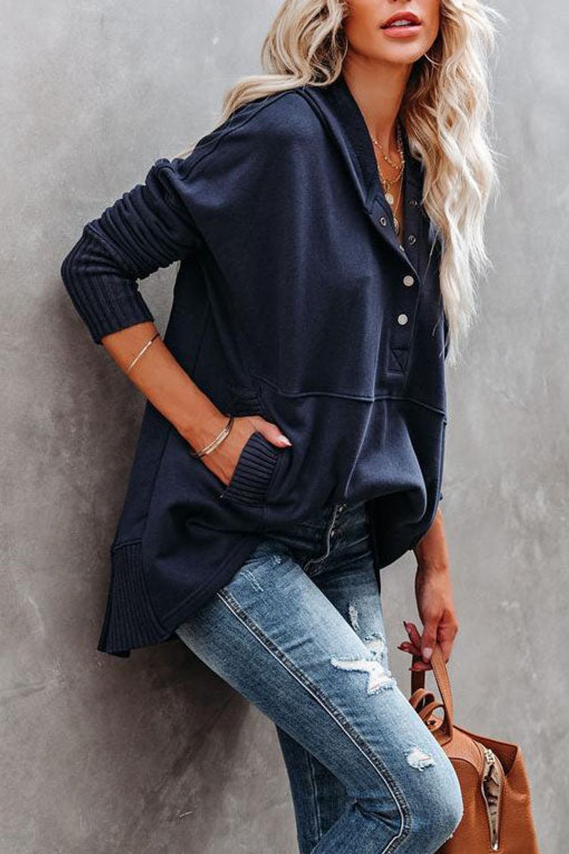 Relaxed Button-Neck Hooded Tunic Top