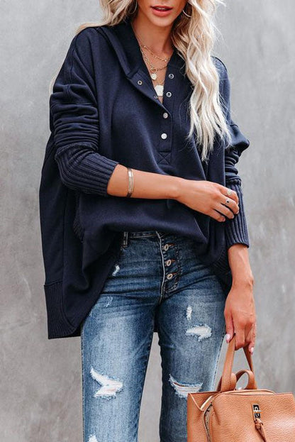 Relaxed Button-Neck Hooded Tunic Top