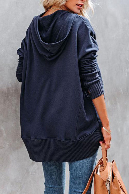 Relaxed Button-Neck Hooded Tunic Top