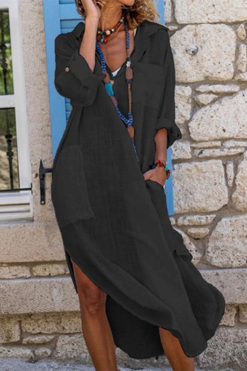 Relaxed Linen-Blend Button-Cuff Midi Dress