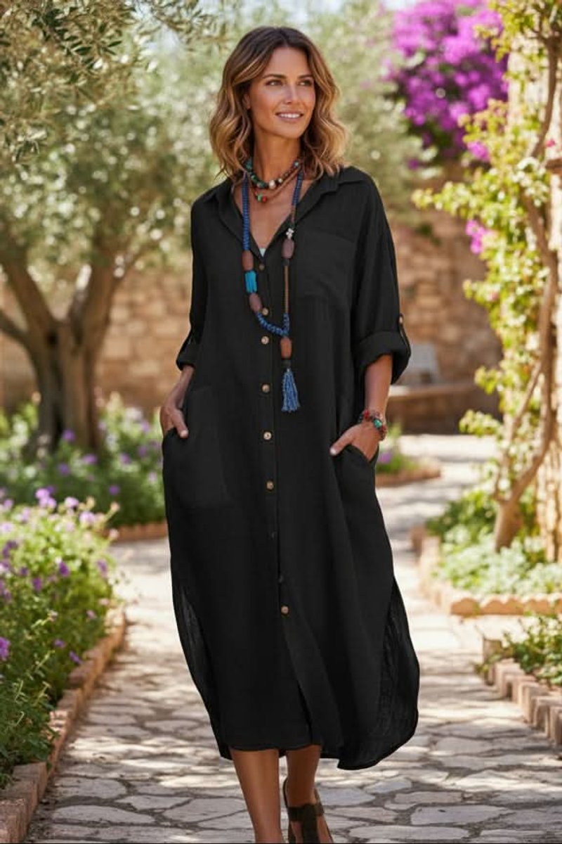 Relaxed Linen-Blend Button-Cuff Midi Dress