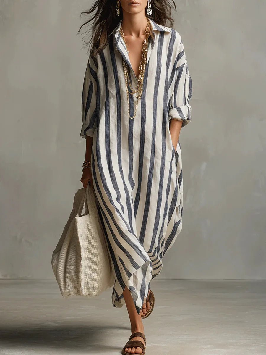 Women's Striped Linen Maxi Shirt Dress with Roll-Tab Sleeves