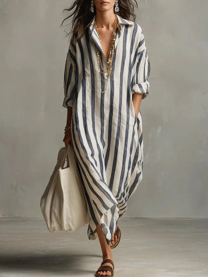 Women's Striped Linen Maxi Shirt Dress with Roll-Tab Sleeves