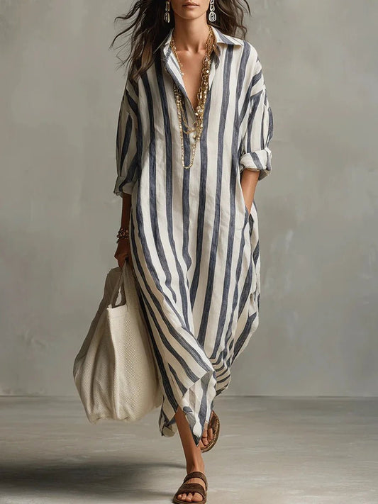 Women's Striped Linen Maxi Shirt Dress with Roll-Tab Sleeves