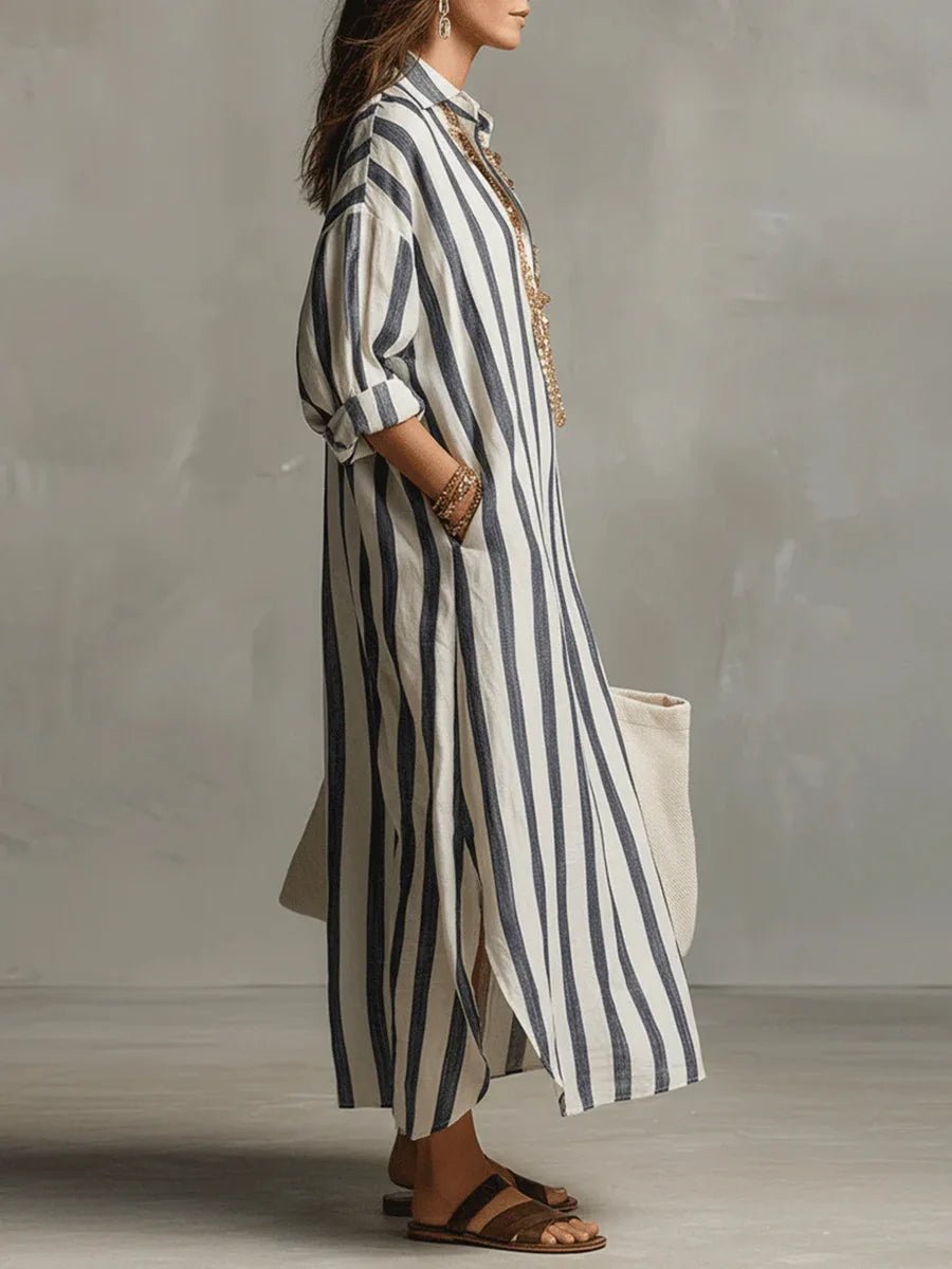 Women's Striped Linen Maxi Shirt Dress with Roll-Tab Sleeves