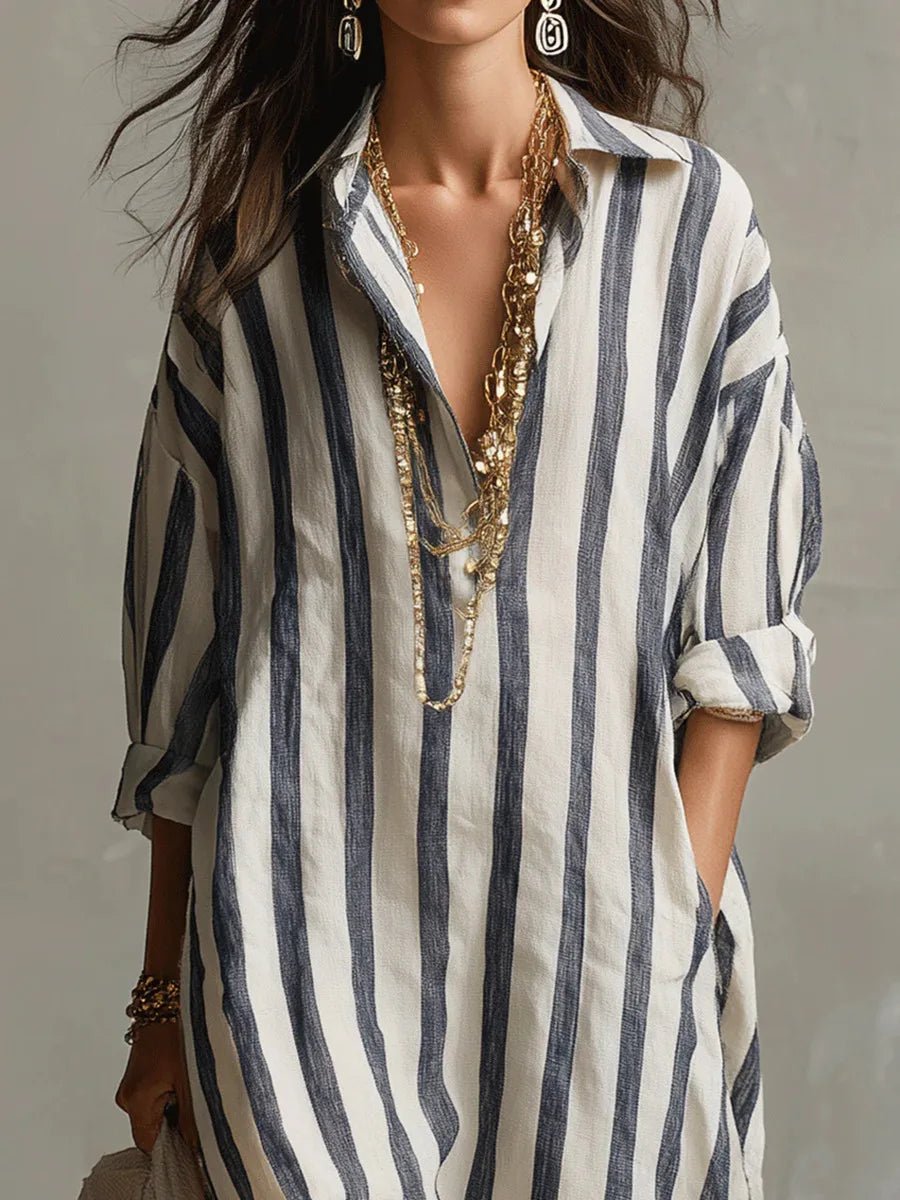 Women's Striped Linen Maxi Shirt Dress with Roll-Tab Sleeves