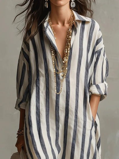 Women's Striped Linen Maxi Shirt Dress with Roll-Tab Sleeves