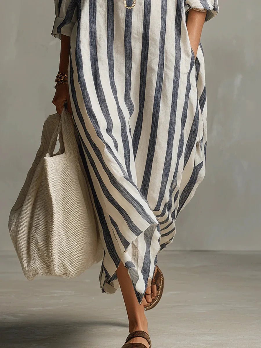 Women's Striped Linen Maxi Shirt Dress with Roll-Tab Sleeves