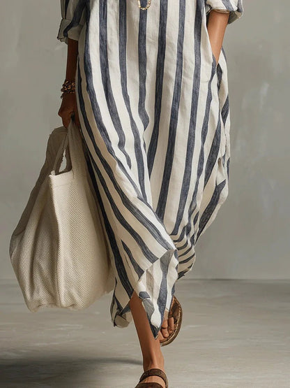 Women's Striped Linen Maxi Shirt Dress with Roll-Tab Sleeves