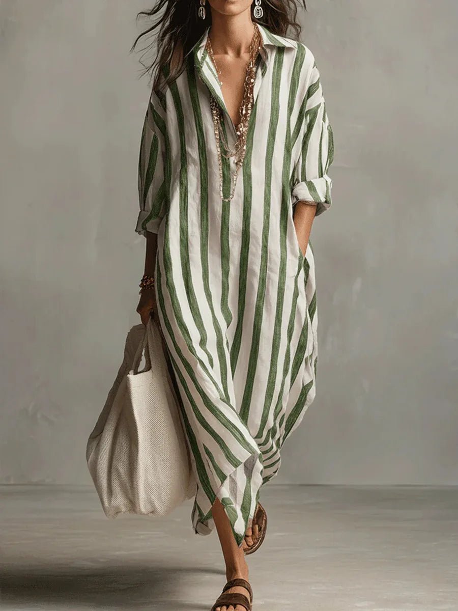 Women's Striped Linen Maxi Shirt Dress with Roll-Tab Sleeves