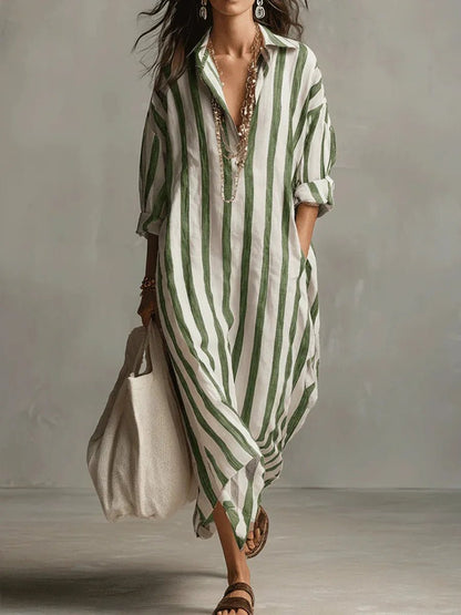 Women's Striped Linen Maxi Shirt Dress with Roll-Tab Sleeves