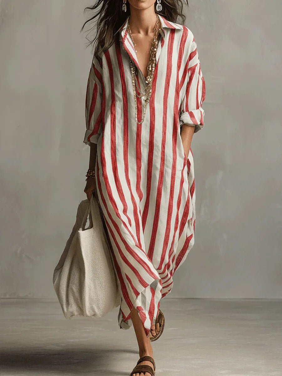 Women's Striped Linen Maxi Shirt Dress with Roll-Tab Sleeves