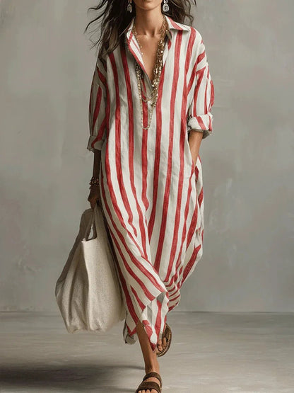 Women's Striped Linen Maxi Shirt Dress with Roll-Tab Sleeves