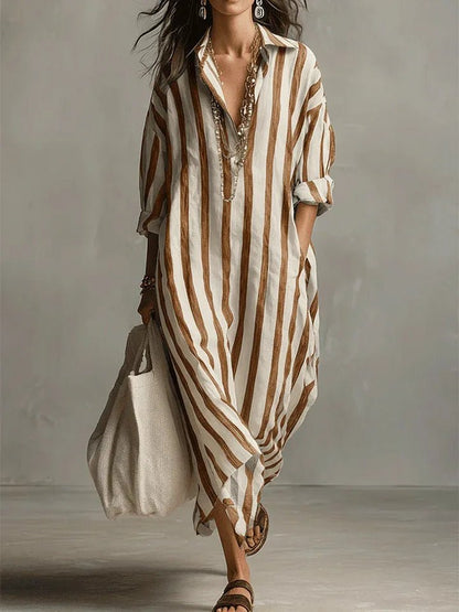 Women's Striped Linen Maxi Shirt Dress with Roll-Tab Sleeves