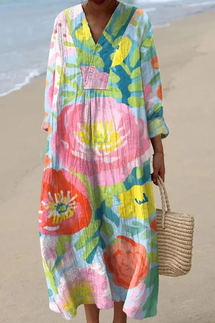 Floral Print Linen Empire Maxi Dress