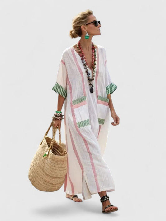 Striped Linen V-Neck Maxi Dress
